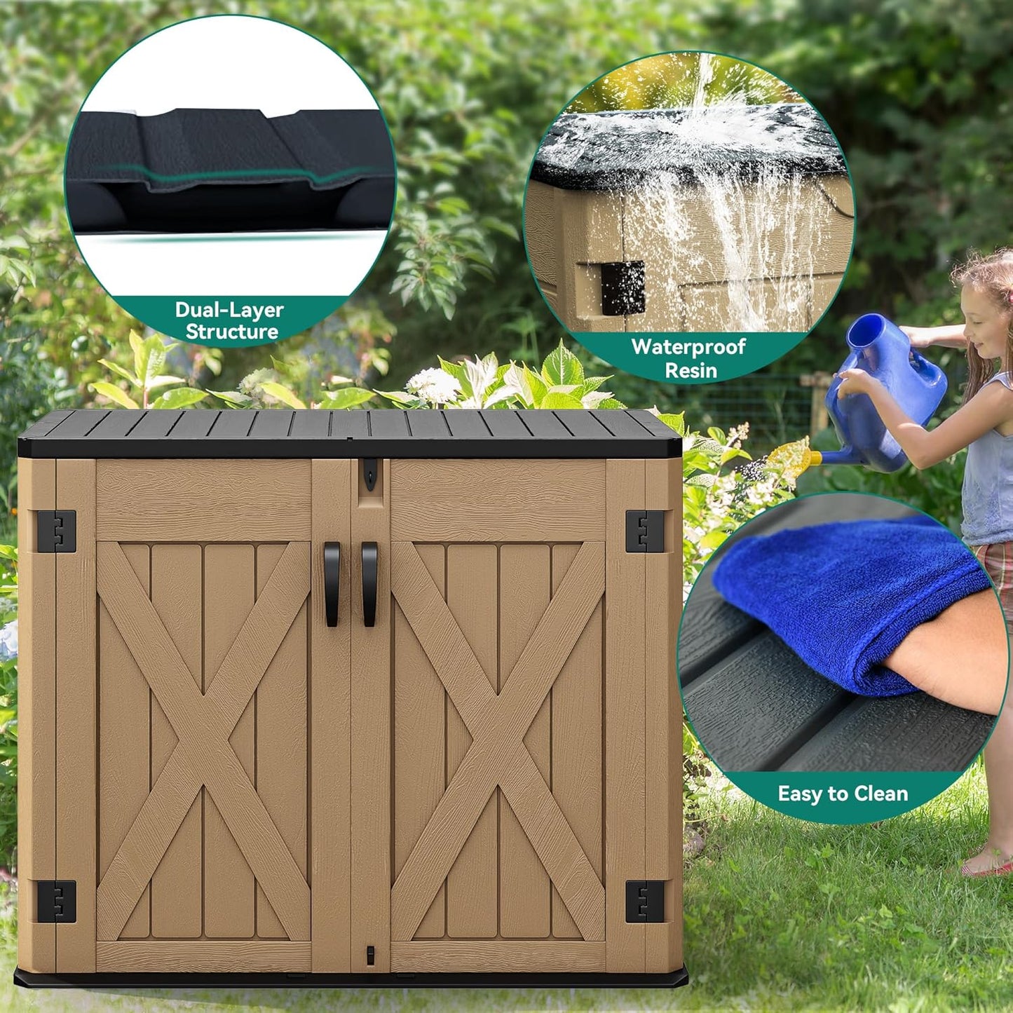 YITAHOME Outdoor Resin Storage Sheds with X-Shaped Lockable Door, 39 in Height Lockable Waterproof Horizontal Shed w/o Shelf, Easy to Assemble Shed Storage for Garden Tools, Brown