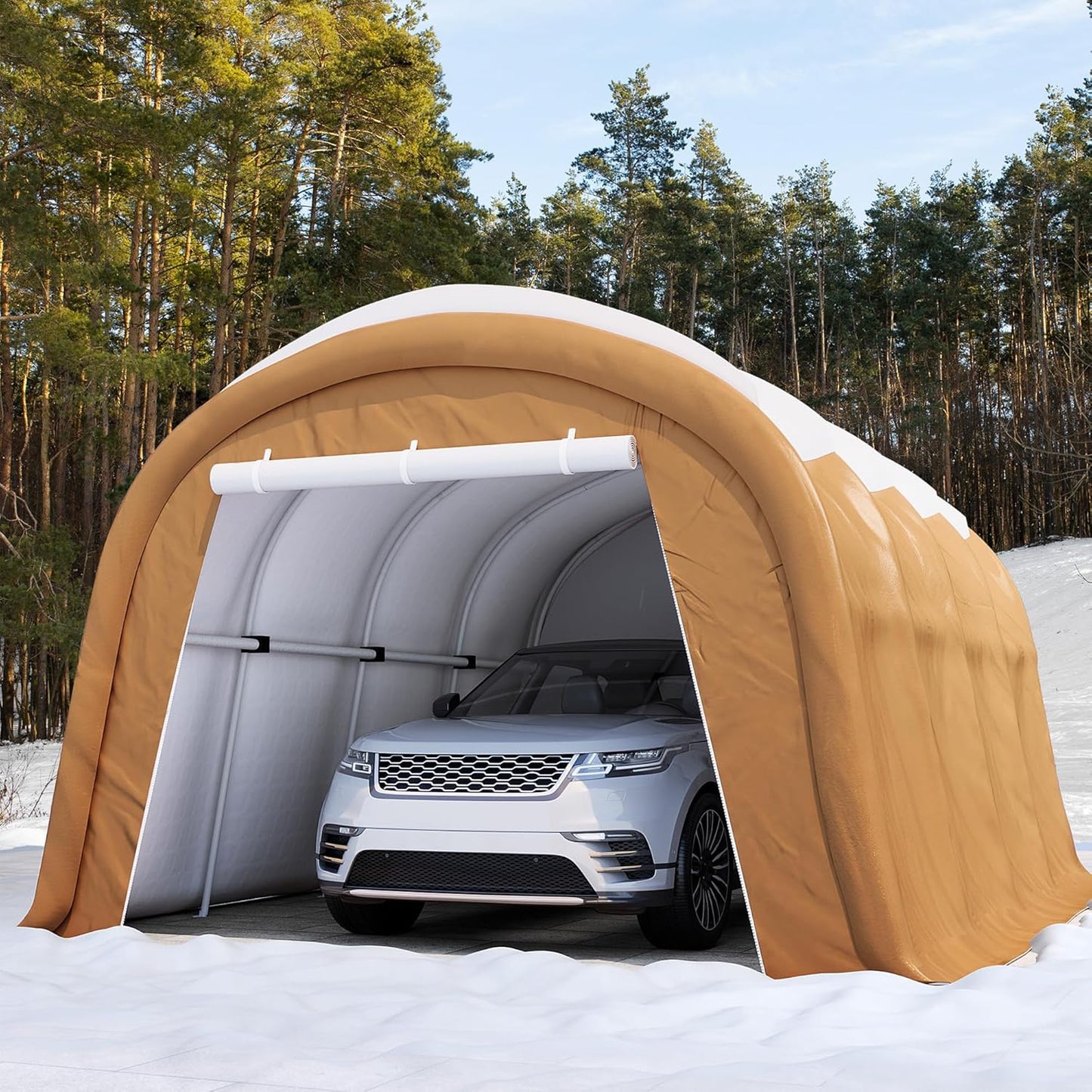 SUNBURY Carport, Round Portable Garage, Outdoor 13x20 ft Heavy Duty Carport, Tensioner and 2 Roll Up Doors Waterproof PE Fabric Car Port, Garage, Storage Shed, Tent for Storage, SUV, Brown