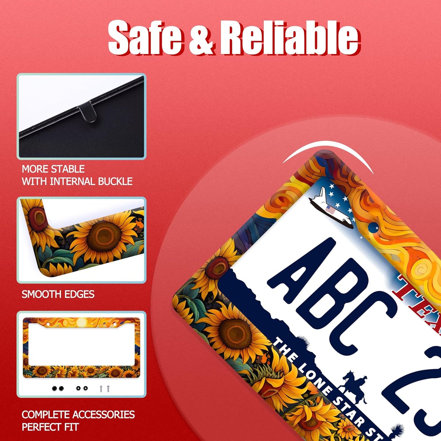 Sunflower Sun License Plate Frame Funny Yellow Flower License Plate Frames Stainless Steel Accessories Cars Decor with 2 Holes and Screws Fits Standard Us Ca Vehicles License Plate Holder 12.2 X 6 in