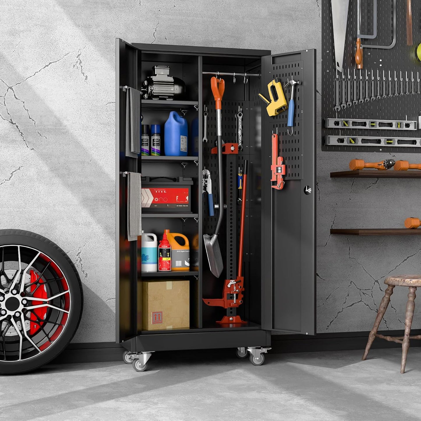 Garage Storage Cabinet with Wheels, 61.7" H Broom Closet Storage Cabinet with Hanging Rod, 5 Pegboard and 13 Hooks, Metal Cabinets with Locking Doors and 4 Shelves, Black
