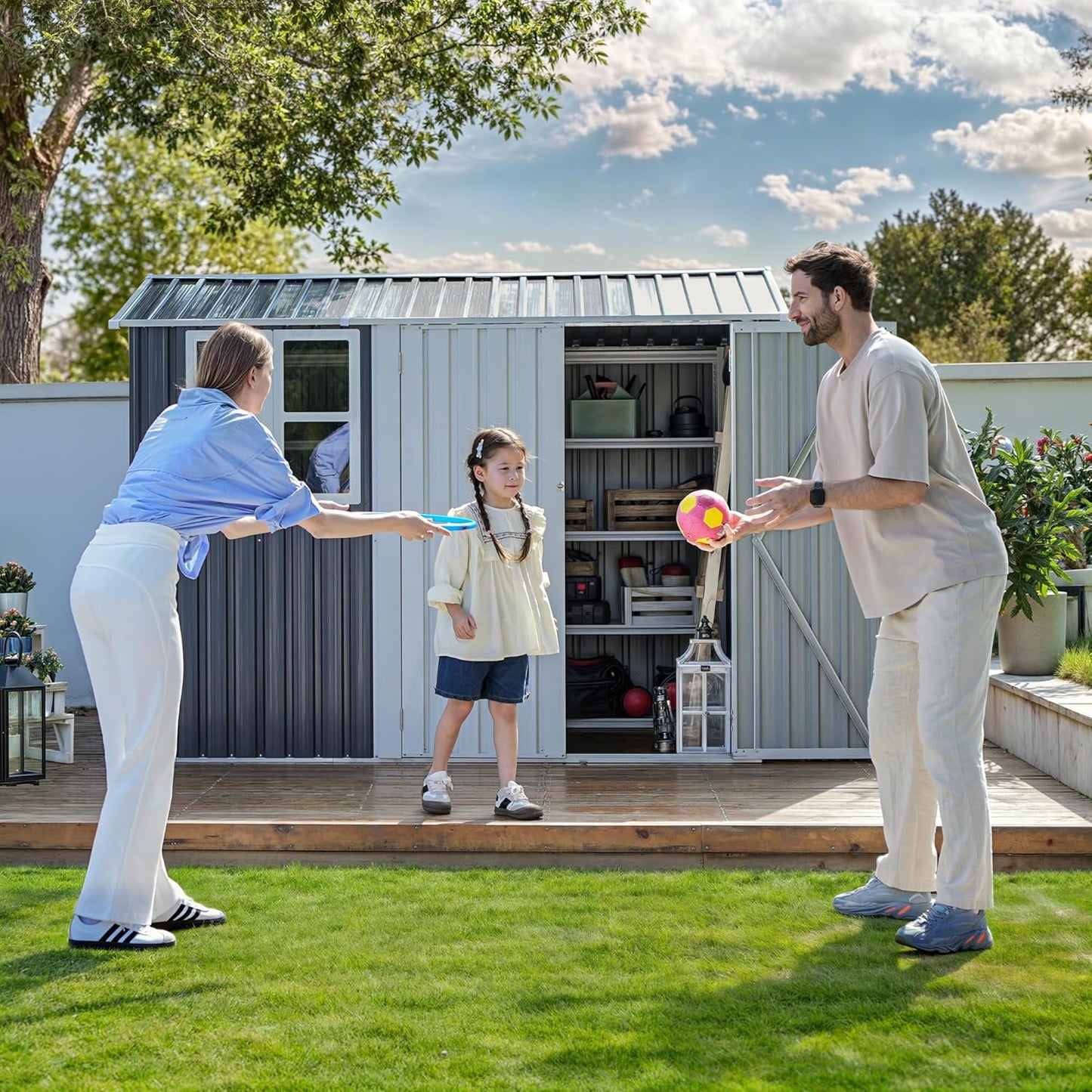 DWVO 8' x 6' Outdoor Storage Shed, Waterproof Metal Garden Shed with Windows, Lockable Doors, and Sloped Roof for Patio, Backyard, Lawn, Tool Storage, Bike Shed, Pet Shelter (Gray + White)