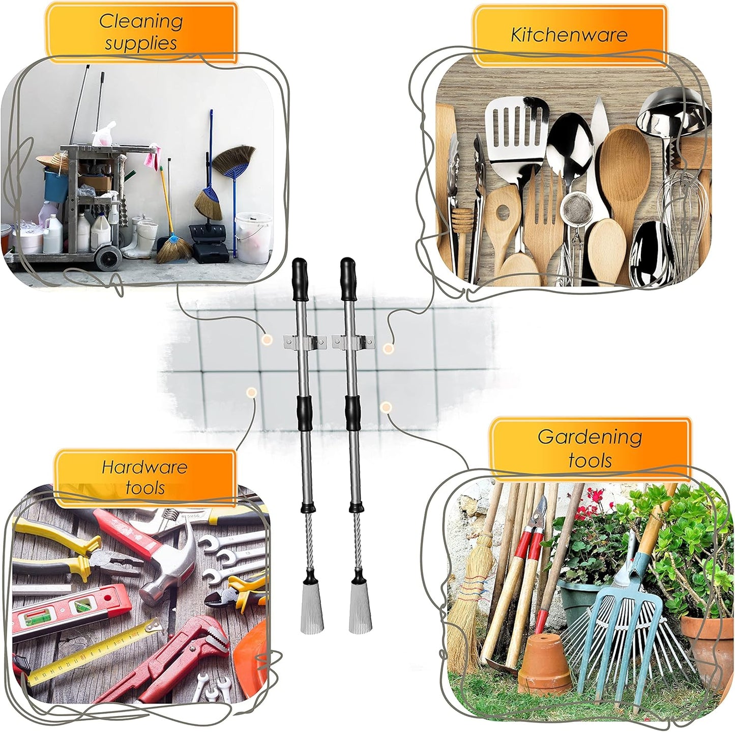 Self Adhesive Broom and Mop Holder Wall Mounted – SUS304 Stainless Steel 2-Slot Organizer with Anti-Slip Rubber Grips, 25lb Load, Adjustable for 0.6–1.4" Handles, Garage Kitchen Bathroom Use, 2 Pack