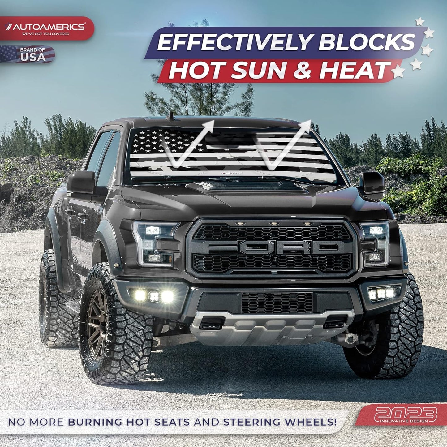 Autoamerics 1-Piece Windshield Sun Shade B&W Camo American Flag USA Design - Foldable Car Front Window Sunshade for Most Sedans SUV Truck - Blocks Max UV Rays and Keeps Your Vehicle Cool - Large