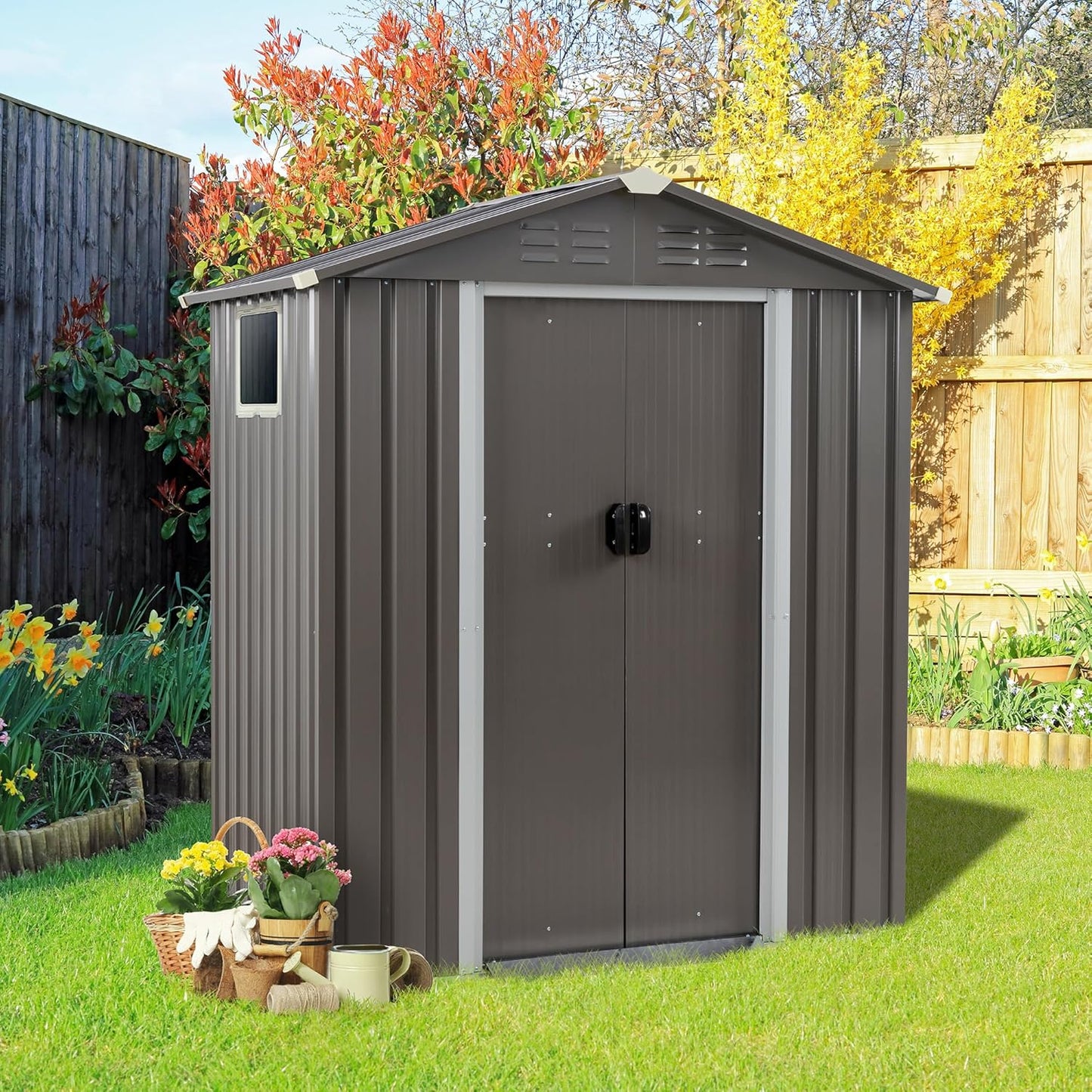 Vongrasig 5 x 3 x 6 FT Outdoor Storage Shed, Metal Tool Shed Clearance Garden Steel Shed with Side Window and Lockable Door Waterproof Tool Shed for Backyard Patio, Lawn (Gray)