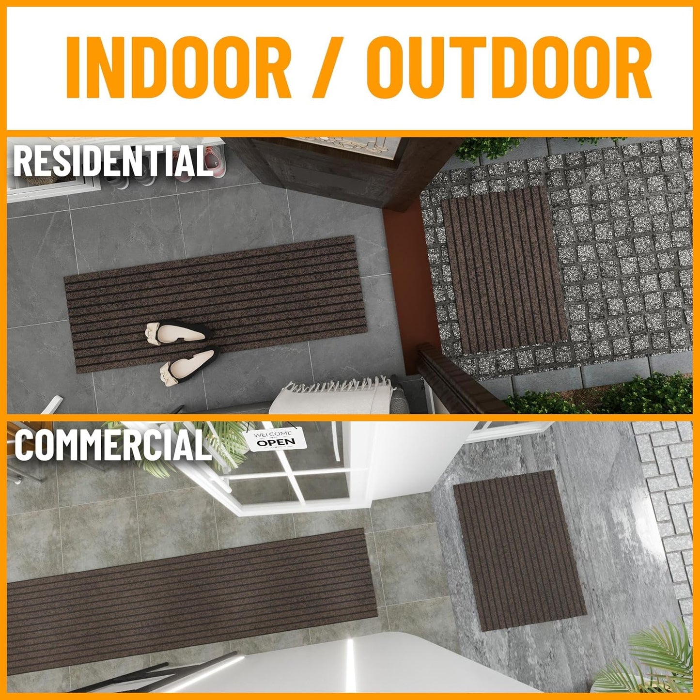 Ottomanson 2'7" x 49' Hallway Runner with Scraper Pile - Extra Durable Non-Slip Rug Mat for Indoor & Outdoor Use - Ideal for Kitchen, Entryway & Garage - High-Traffic Carpet, Brown