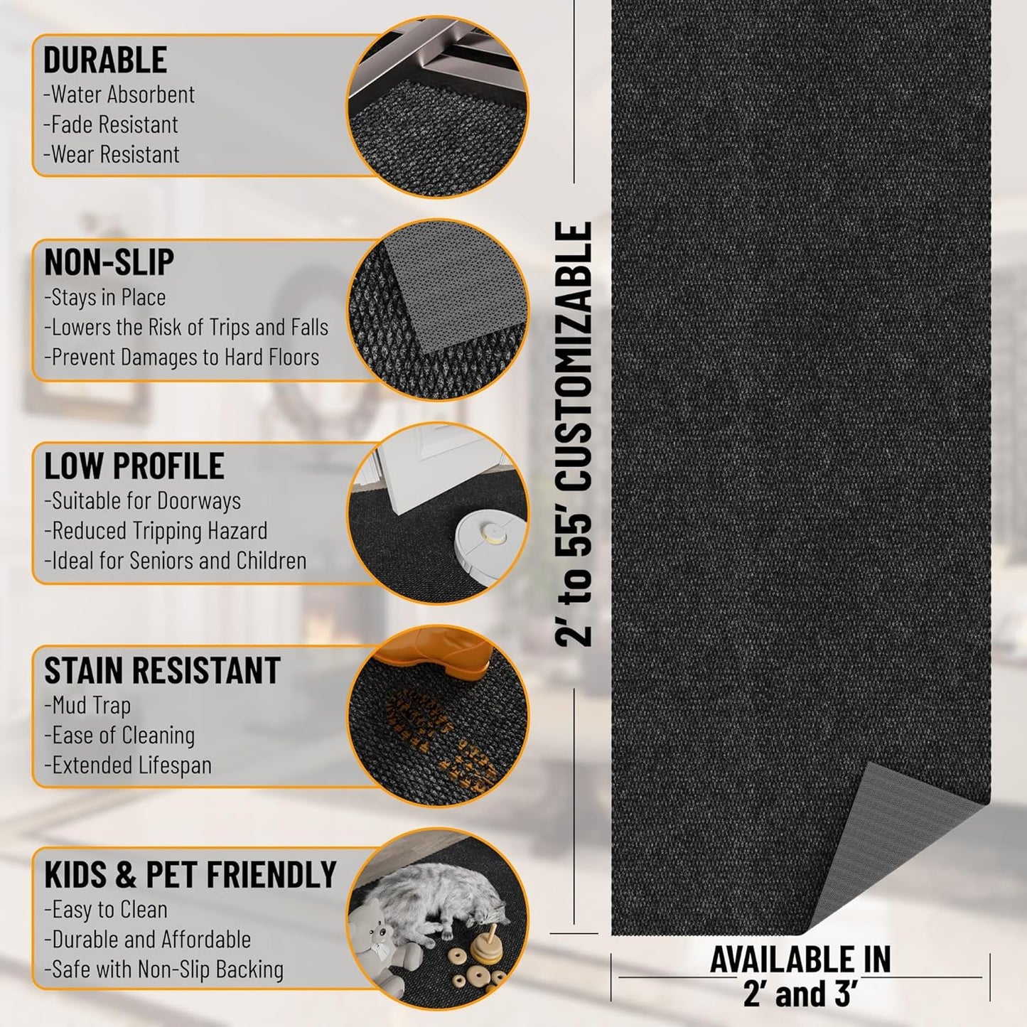 Ottomanson 2'7" x 5' Mud Mat Area Rug Scraper Carpet - Non-Slip, Dirt Trapping for Indoor & Outdoor Use - Ideal for Entryway, Garage, Kitchen, Patio & High-Traffic Areas, Black