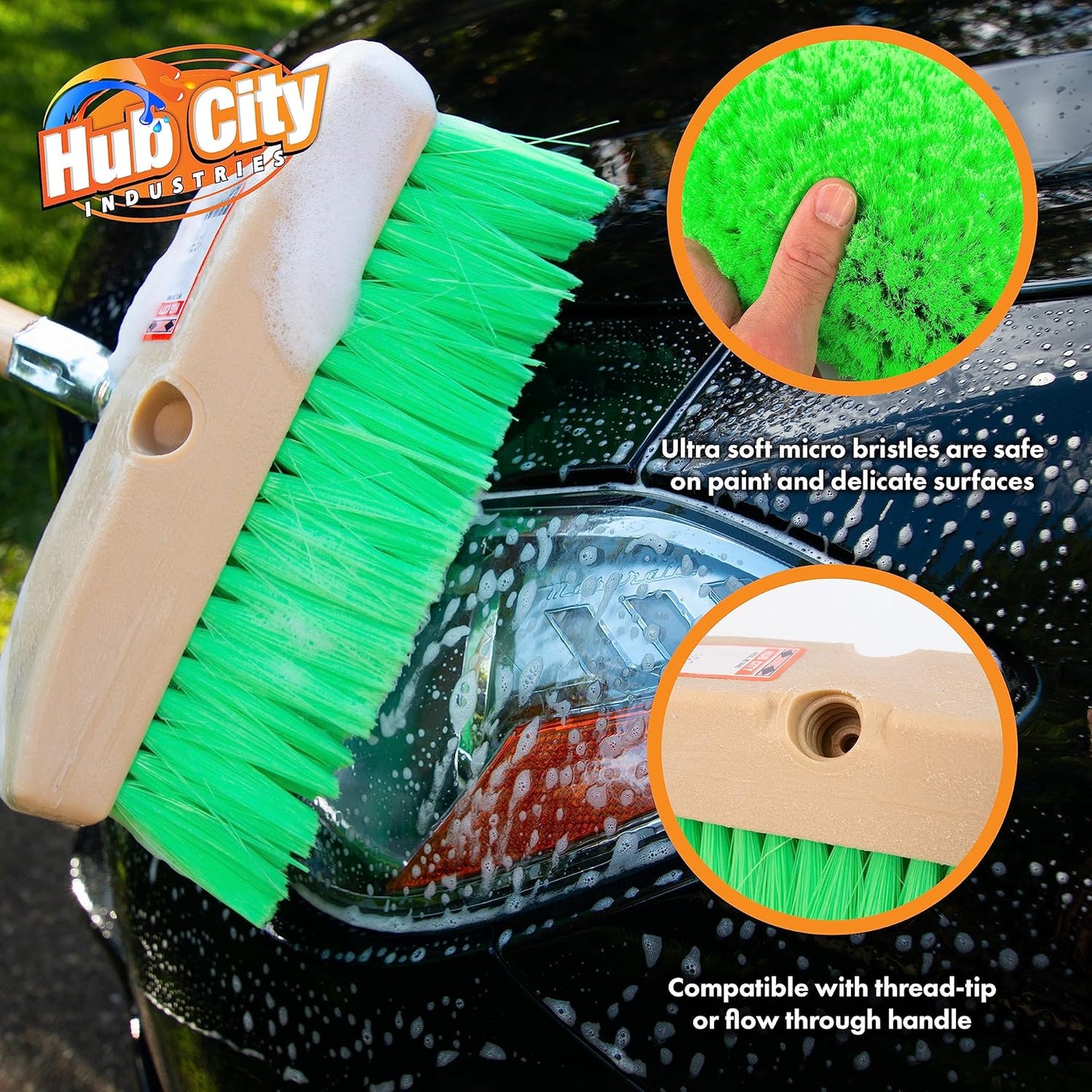 Hub City Industry 10- inch Car Wash Brush, Soft Nylon Bristle, car Accessories, Cleaning Supplies, Automotive wash Brush, Commercial Vehicle Scrub Brush, Flagged Green Poly Bristle