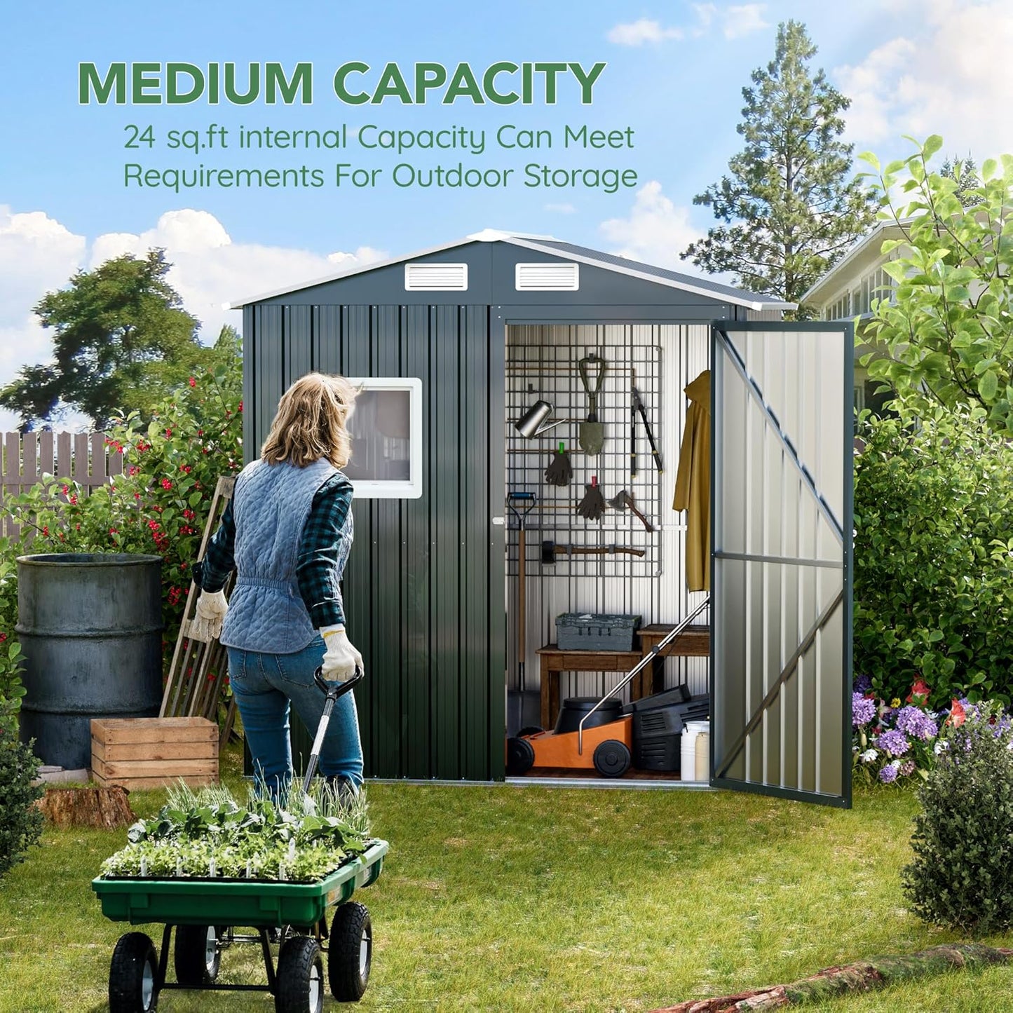 6X4X6.5 FT Compact Vertical Outdoor Steel Storage Shed with Lockable Doors, Ideal for Garden, Backyard, and Patio Utility and Small Tool Storage,Bike Shed, Garbage Can, Chicken Coop