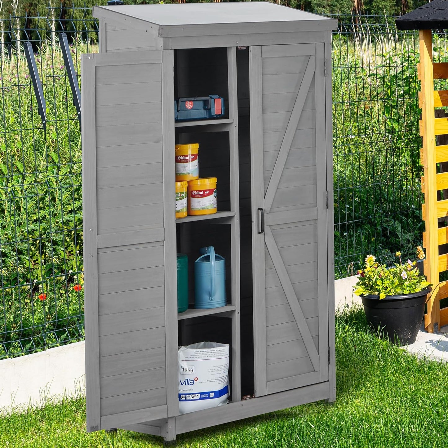 Outdoor Storage Shed Waterproof, Potting Shed with Storage Cabinet and Metal Table Top for Backyard Garden Patio, Outdoor 68 Inches Wood Tall Shed