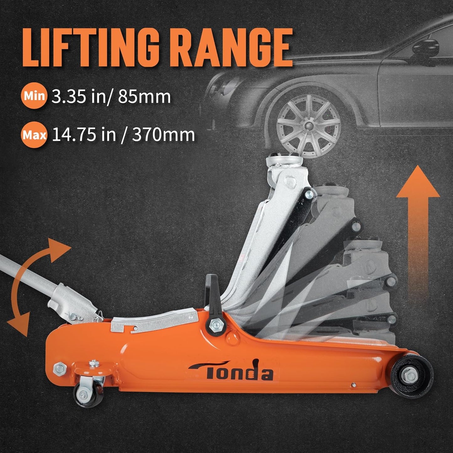 TONDA Low Profile Car Jack, 2.5 Ton (5,000 lb) Hydraulic Trolley Floor Jack for Garage, Home, Shop, Lifting Range 3.35" to 14.57", Orange