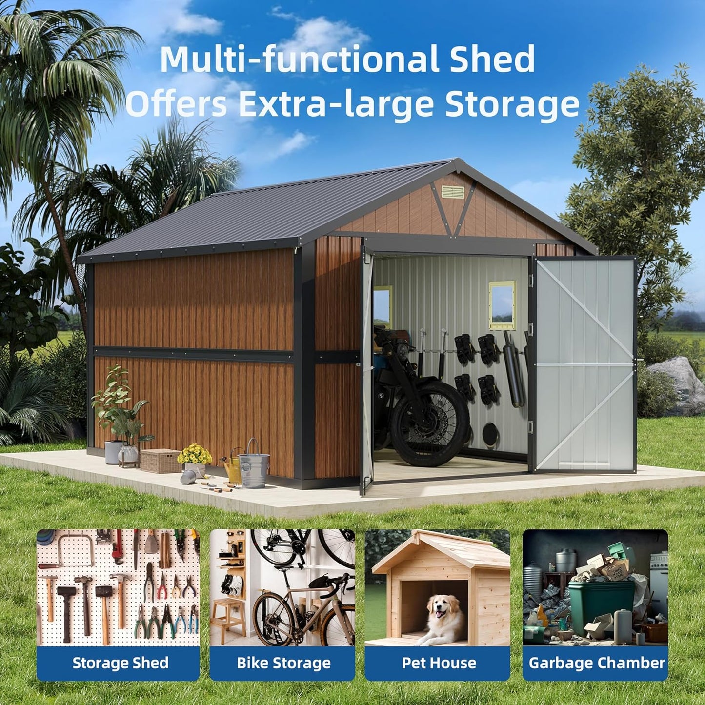 10x12FT Outdoor Storage Shed, Metal Garden Shed with Lockable Doors and Windows, Large Tool Shed for Backyard, Patio and Lawn