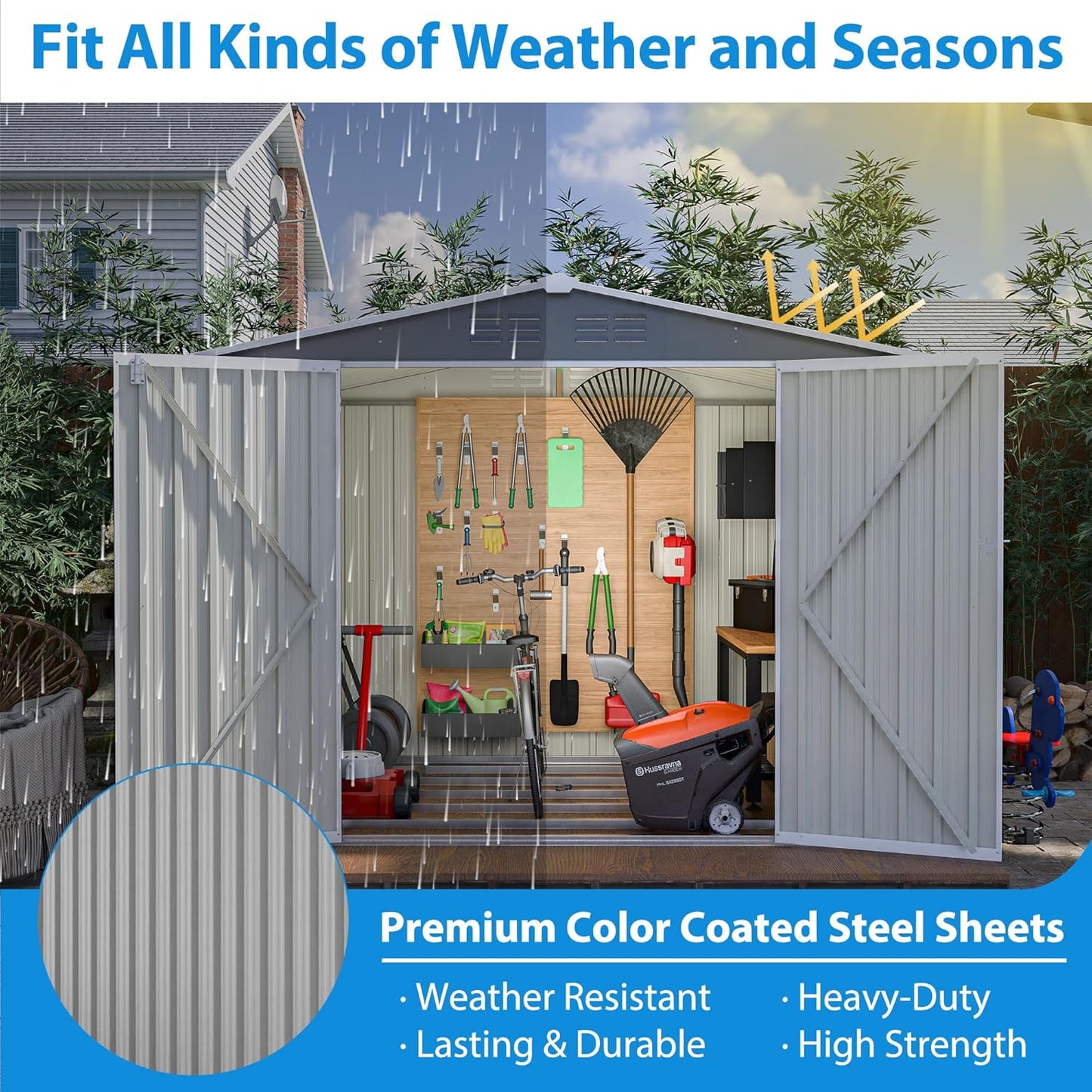 8x6 FT Outdoor Tool Storage Shed with Metal Foundation & Lockable Doors, All Weather Metal Sheds for Garden, Patio, Backyard, Lawn,