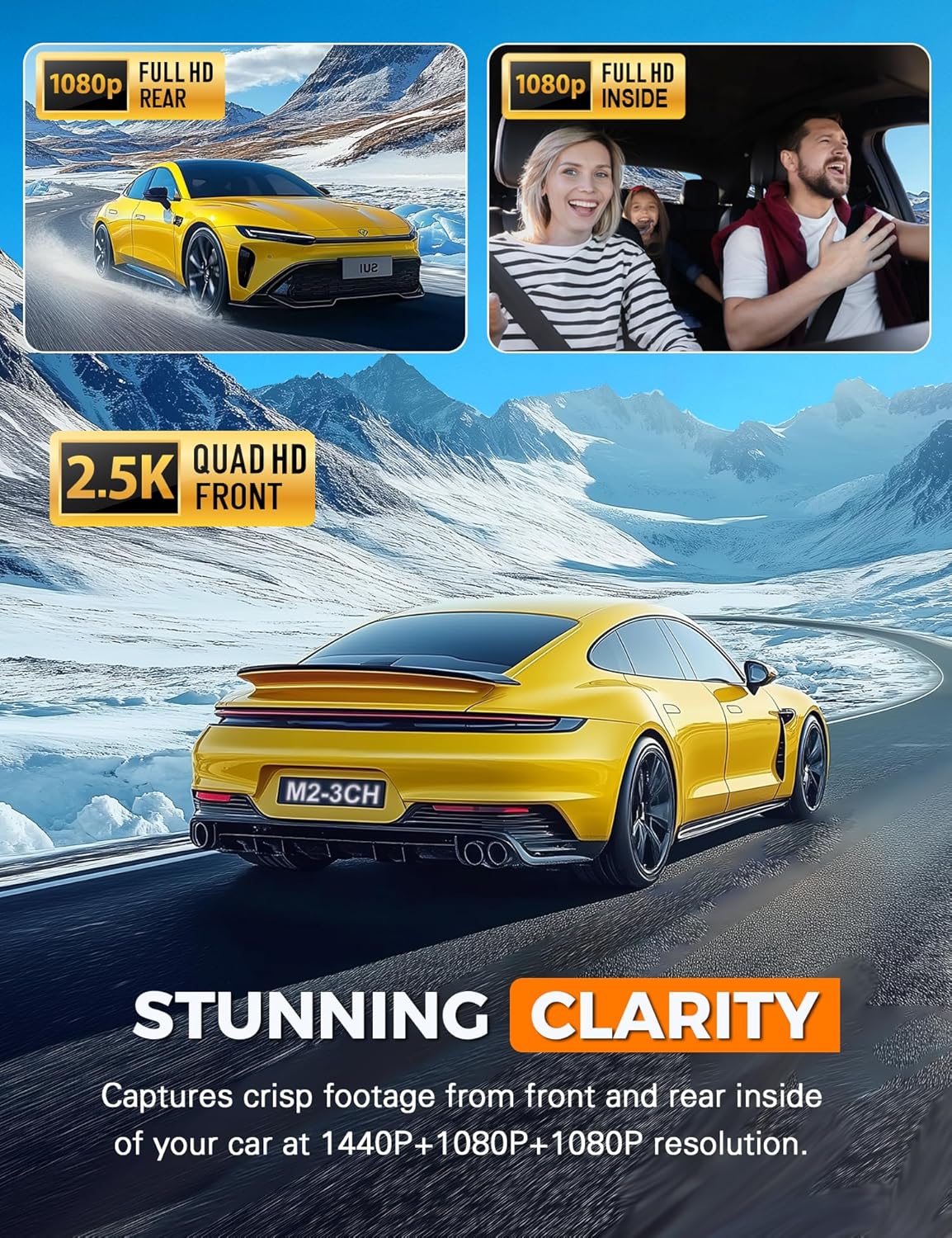 3 Channel WiFi Dash Cam Front and Rear Inside with 64GB SD Card, 2.5K+1080P+1080P Car Dash Camera for Cars Front and Rear, Dashcam with G-Sensor, Loop Recording, 24H Parking Mode, Support 512GB