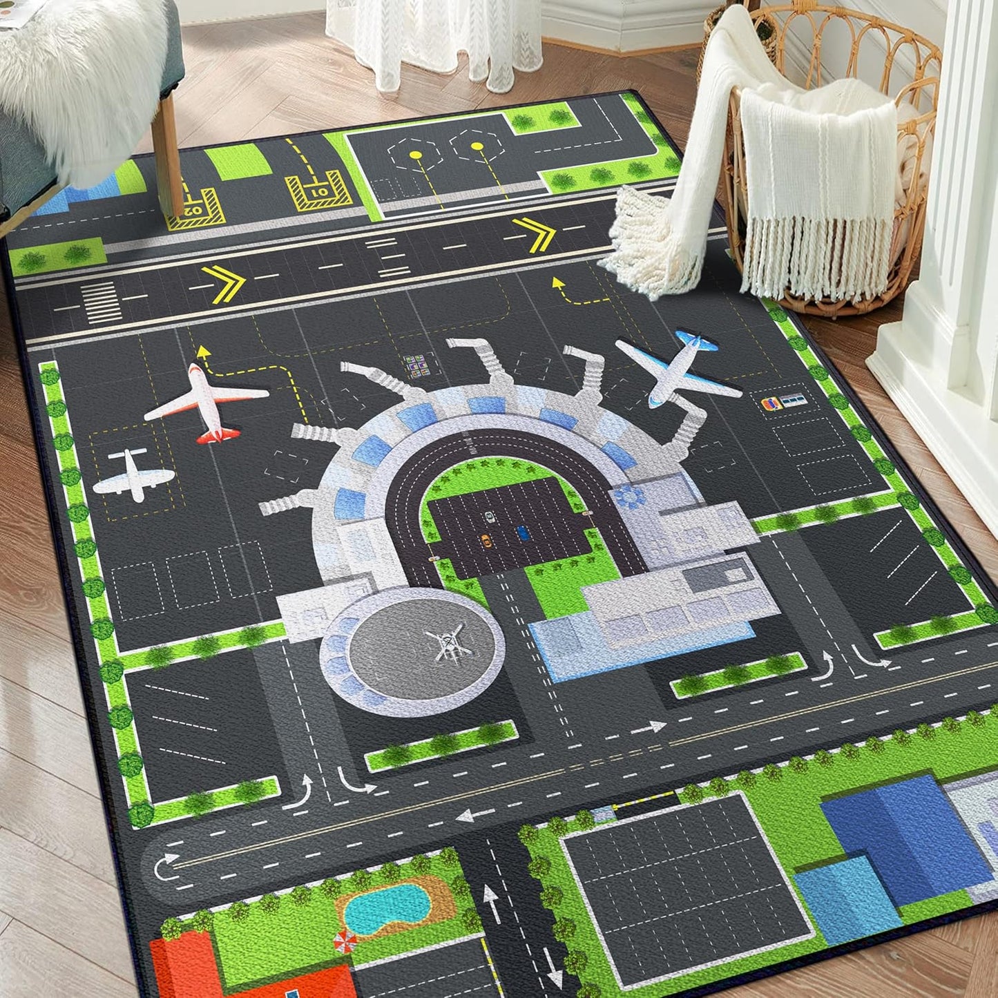 Play Rug for Playroom 3x4 Airport Carpet for Boys Bedroom with Combined City Road Traffic System Aircraft Runway Playmat Rugs Carpet Non-Slip Washable Area Mat