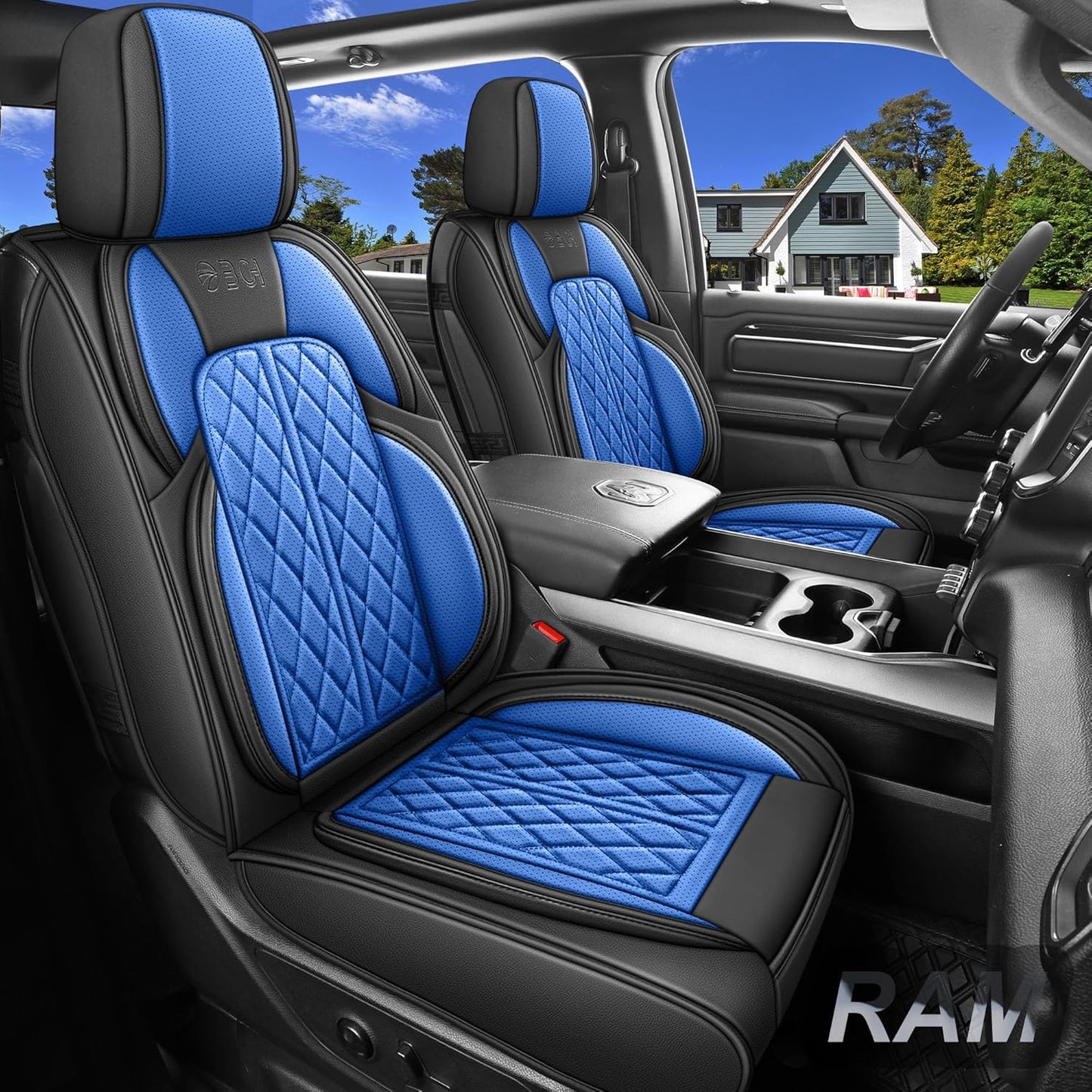 Car Seat Cover Custom Fit for Dodge Ram 1500 2500 3500 2002-2024 Faux Leather Seat Cover Set Compatible with Crew Quad Regular Cab Pickup Truck Cushions (Black & Blue, Front Seat)