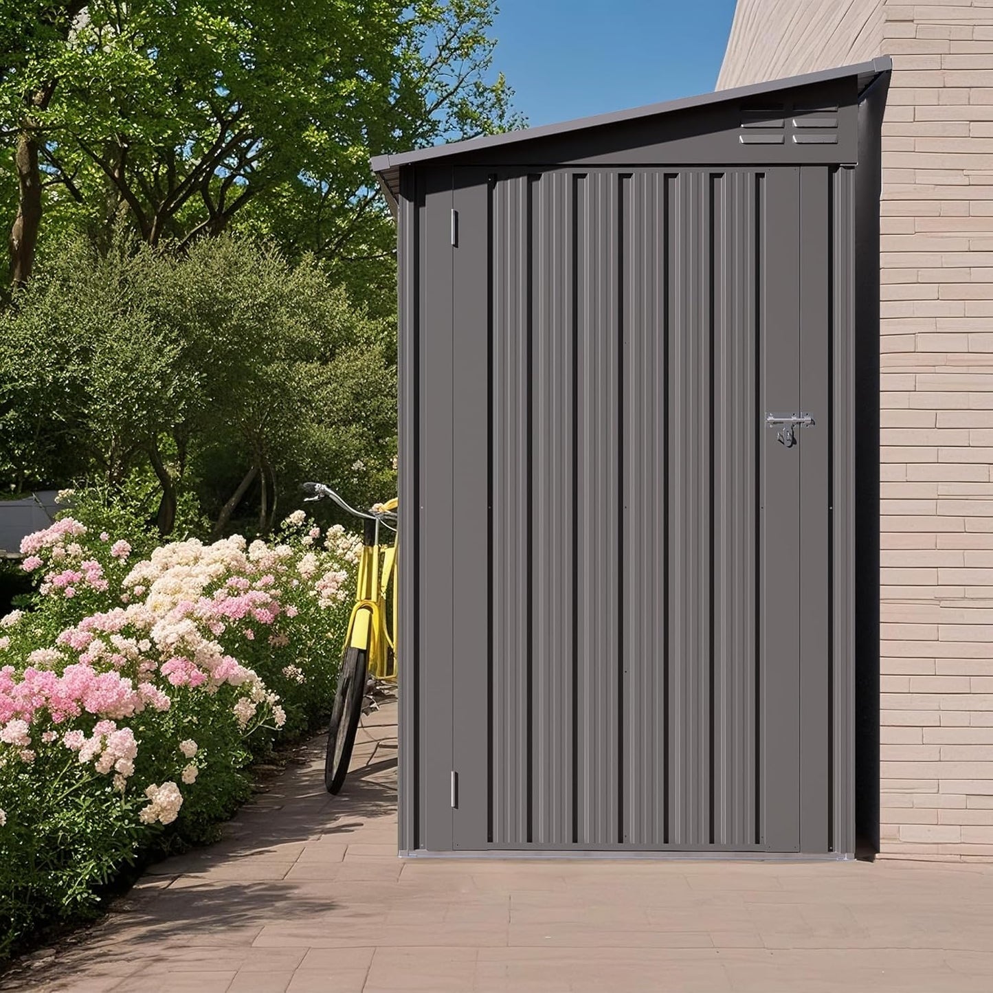 4x9 FT Outdoor Storage Shed,Lean to Metal Shed W/Window,All Weather Waterproof Garden Storage Shed W/ 6 Air Vents & 1 Lockable Door,Weatherproof Tool House W/Sloped Roof,for Lawn,Gray