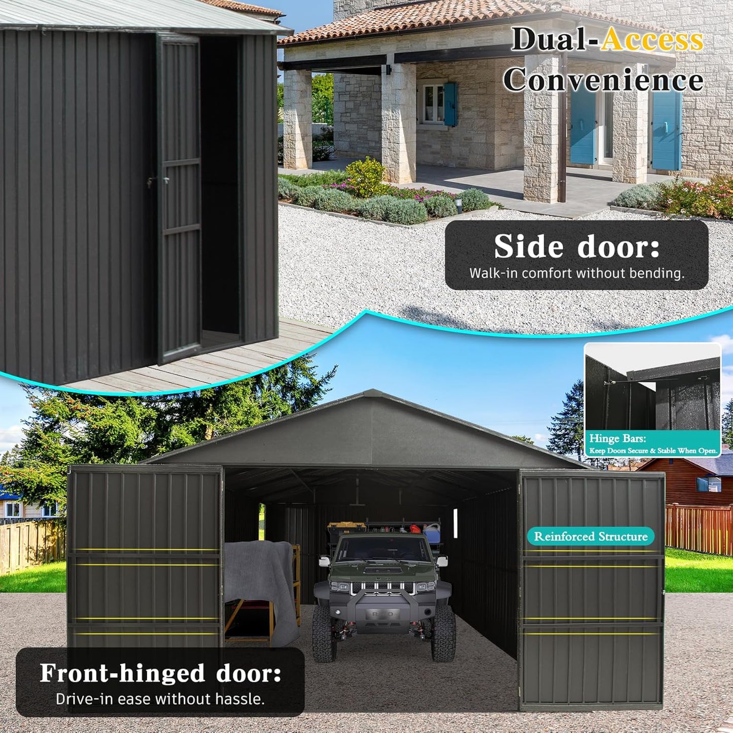 Domi 12x25FT Outdoor Metal Garage Shed, Extra Large Carport with Skylights & Dual-Entry, Backyard Storage Shed for Car, Truck, Lawn Mower and Tool, Dark Grey