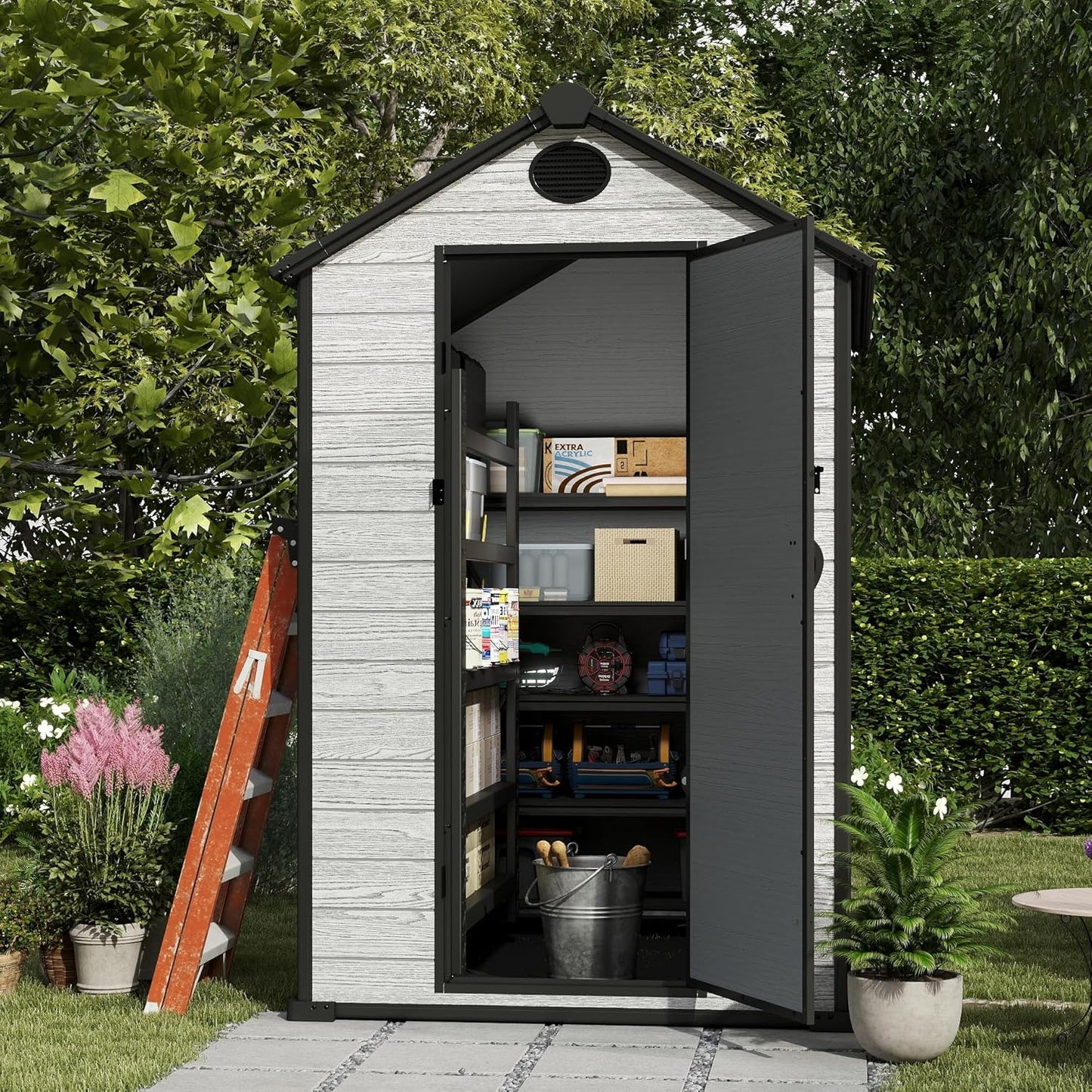 4.4x6 FT Resin Outdoor Storage Shed Large, 230 Cuft Garden Tool Sheds & Outdoor Storage Plastic Shed with Floor, 7FT Tall Backyard Outside Lawn Mower Storage Shed with Side Window, Cemented Grey