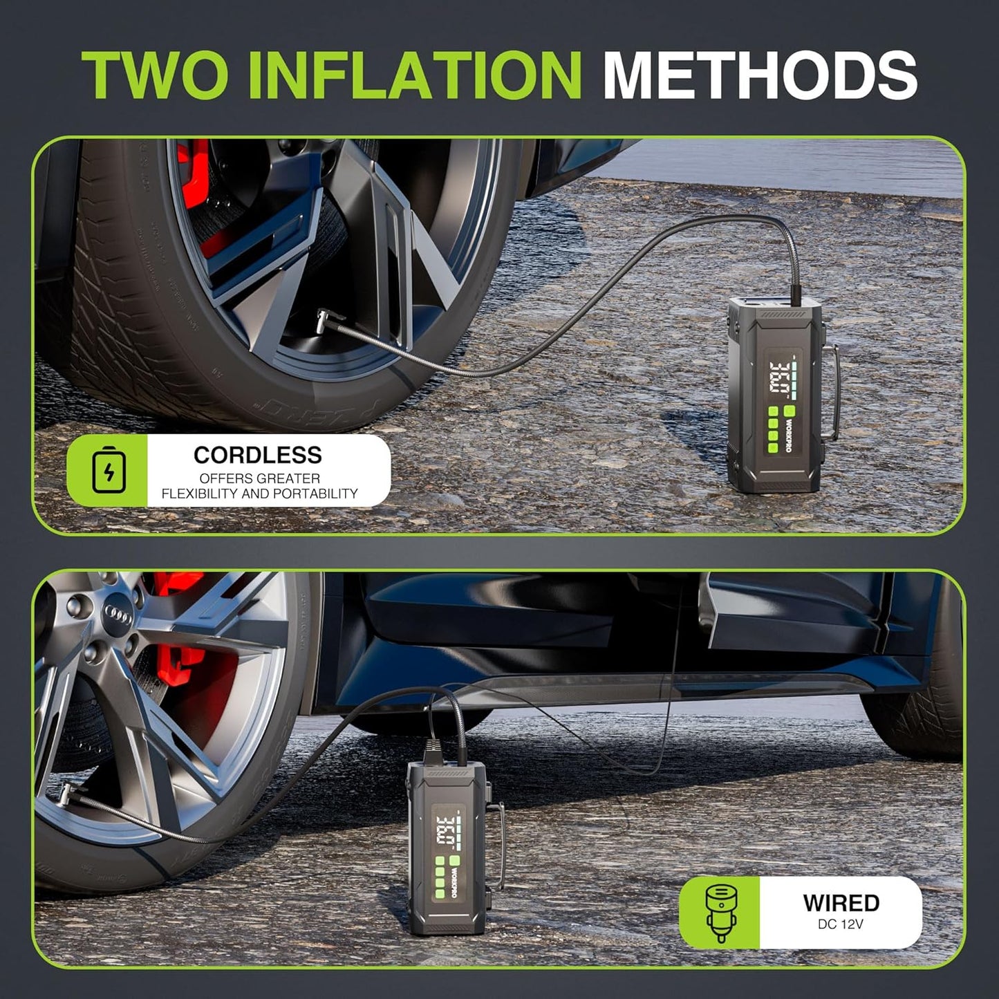 WORKPRO Tire Inflator Portable Air Compressor, 12V Electric Air Pump 150PSI for Car Tires with Pressure Gauge, 3X Faster Portable Tire Inflator for Car Motorcycle Bicycle Ball with Dual Power Supply