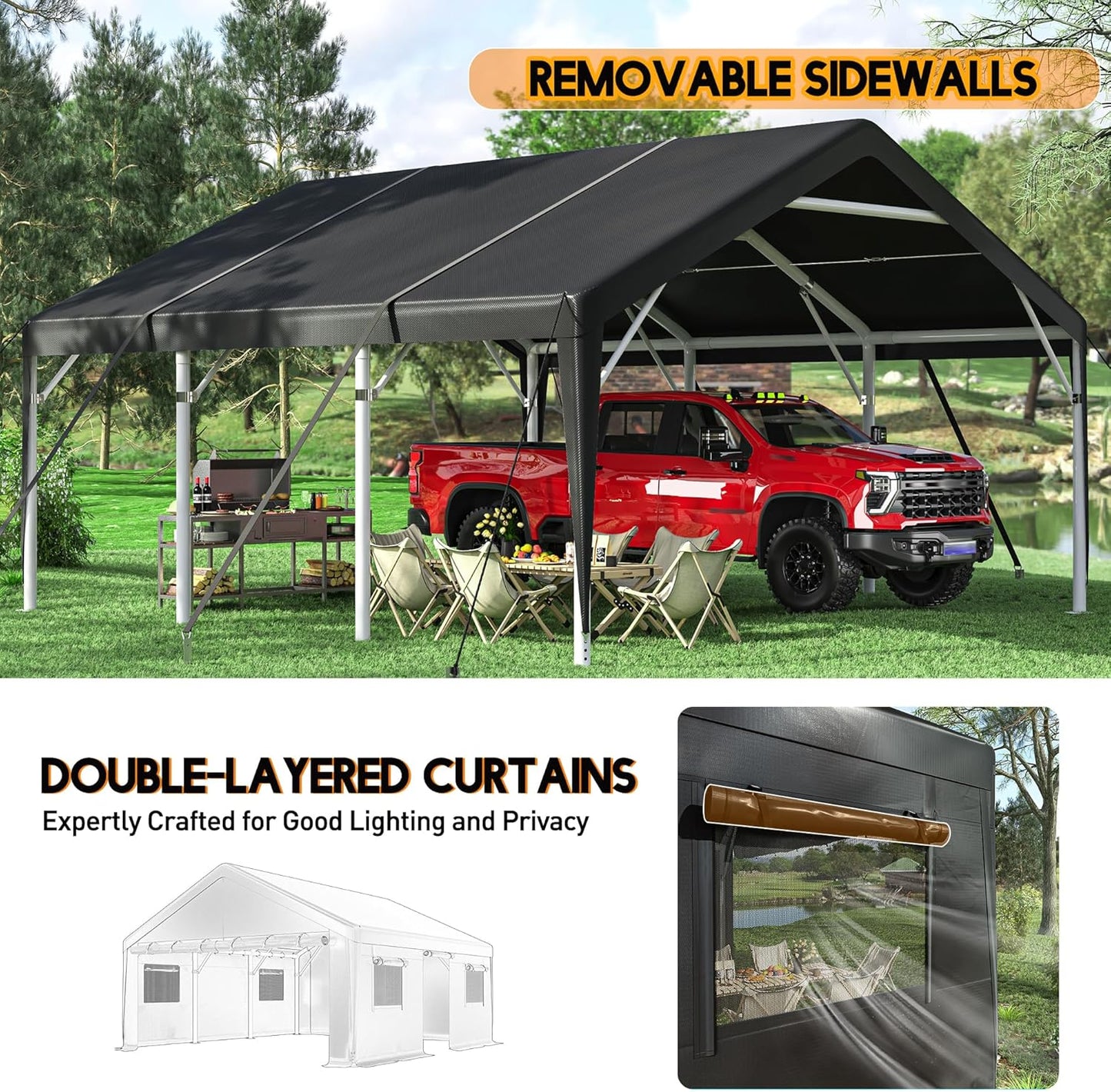 Bepatio 2 Car Carport, 20 x 20 Heavy Duty Metal Carport, All Weather Extra Large Car Port, Outdoor Portable Garage with Side-Opening Doors & Roll-Up Windows
