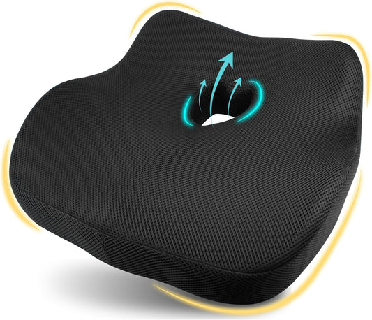 Car Seat Cushion, Ergonomic Memory Foam Car Cushion for Sciatica Pain Relief, Larger Driving Seat Pillow for Short Drivers on Long Drives - Butt Pillow for Truck, Office, Wheelchair - Classic Black