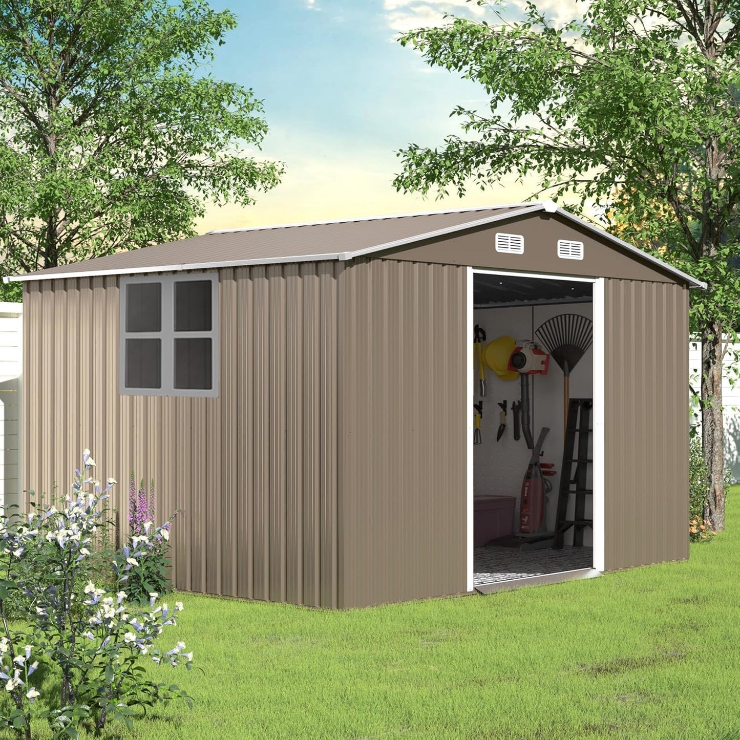 10FT x 8FT Metal Outdoor Storage Shed,Garden Sheds & Outdoor Storage w/Lockable Sliding Doors & Air Vent,Metal Shed for Backyard,Garden,Patio,Lawn