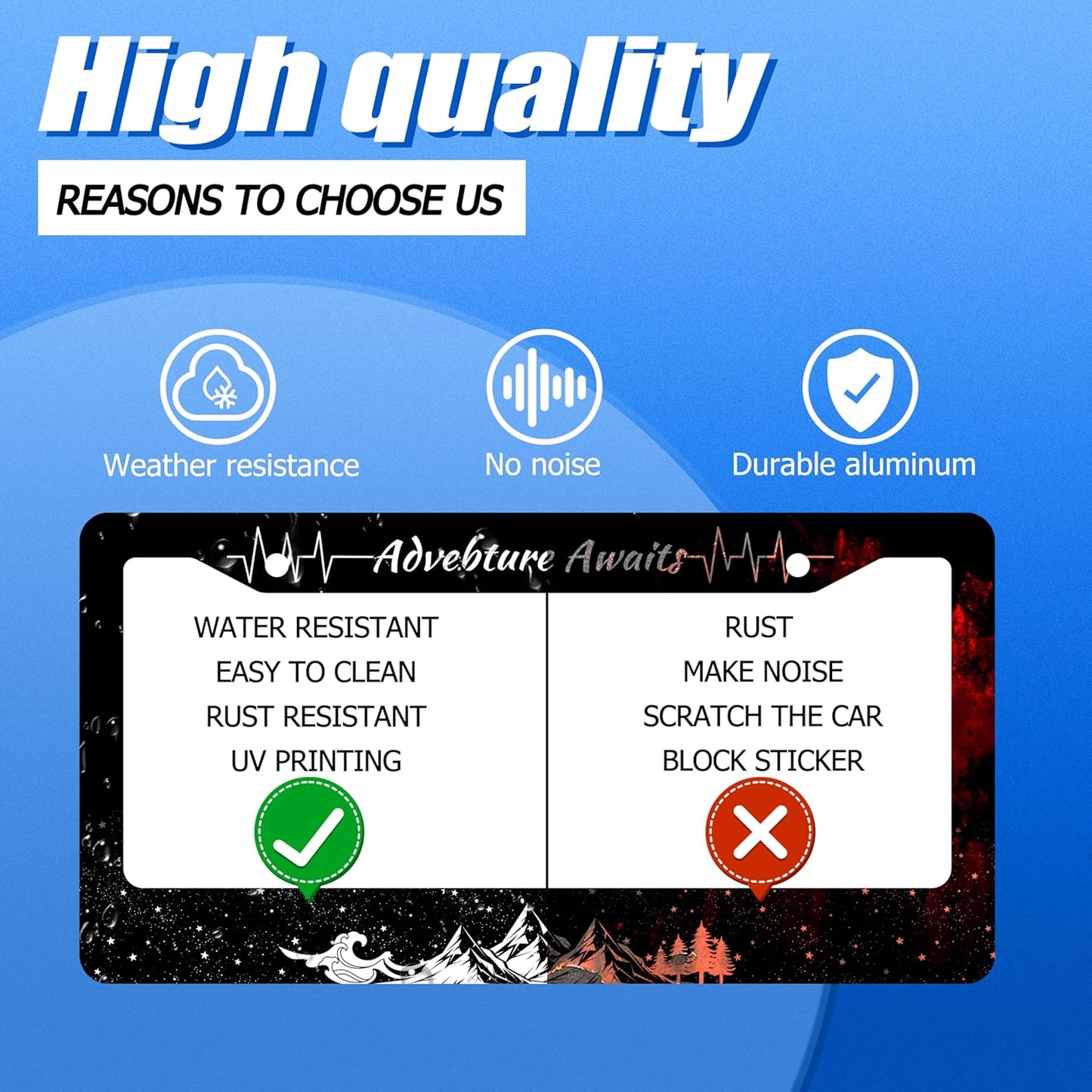 Advebture Awaits License Plate Frame Mountain Waves Forest License Plate Stainless Steel Rust-Proof Metal Funny License Plate Holder Car Accessory With Screws Car Decoration 12.3" x 6.3" For Men Women