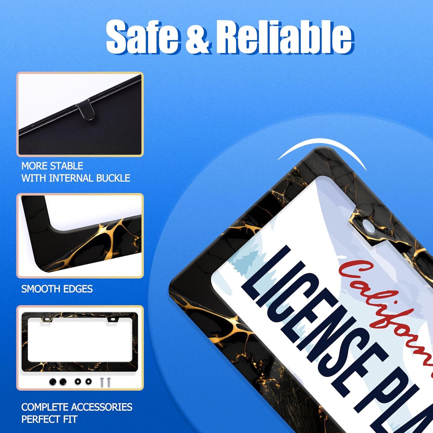 Marble License Plate Frame Black Gold Marble Printed License Plate Stainless Steel Funny License Plate Holder Men Women Colorful Car Accessory Decoration 12.3" x 6.3"