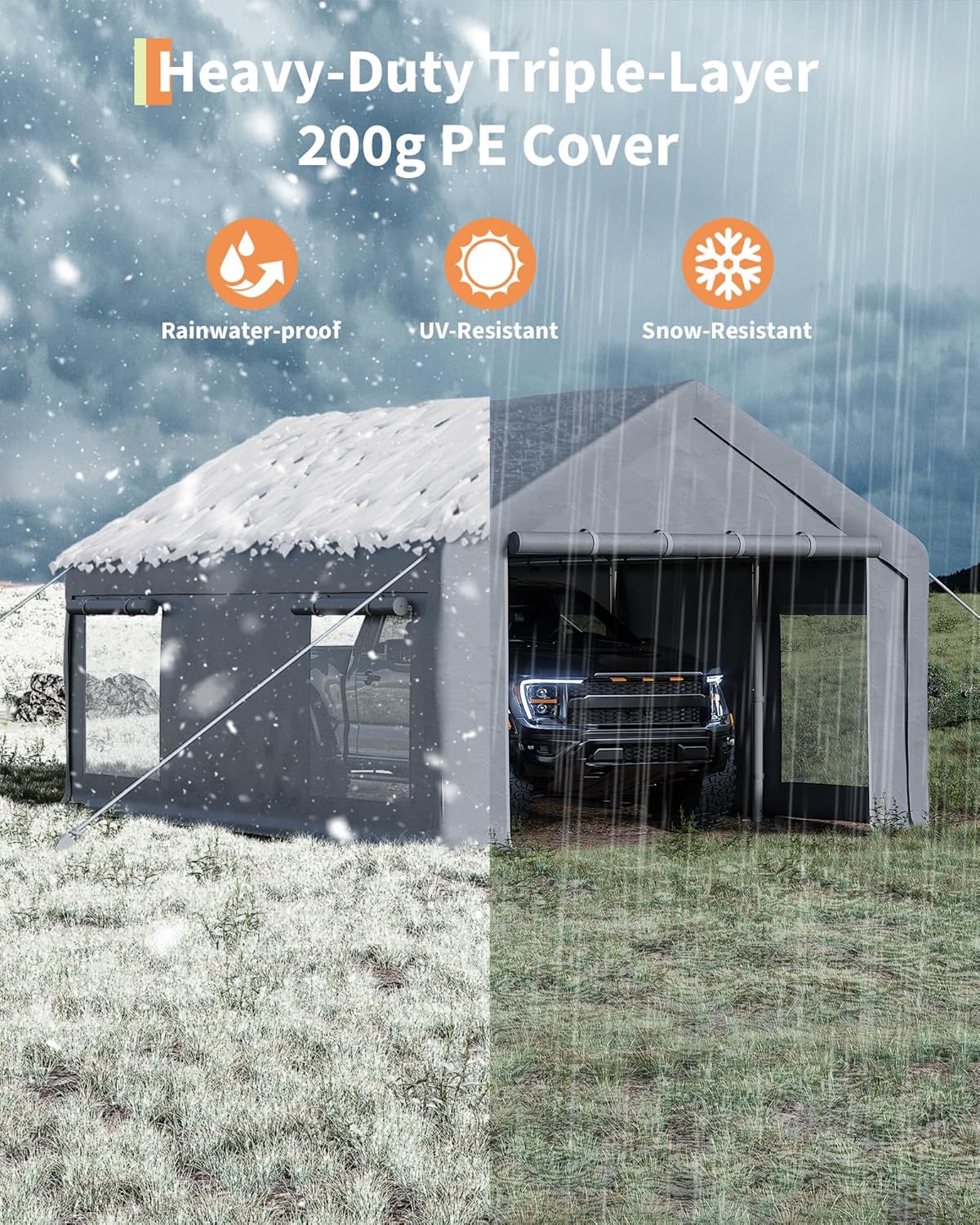 12x20 Ft Carport, Car Port with 200g PE Tarp, Roll-Up Doors, and 4 Windows, for Full-Size Pickups, Bass Boats, Tractors, and SUVs, Gray