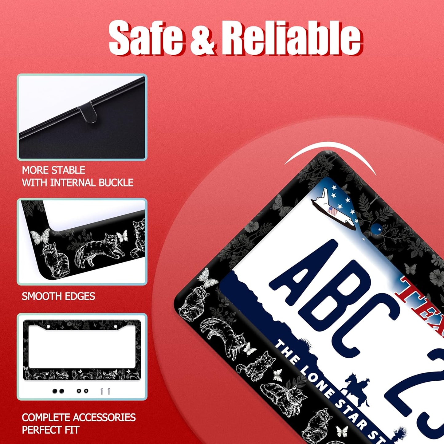 Black White Cat License Plate Frame Butterfly Floral License Plate Frames Funny Auto Accessories Bracket Stainless Steel License Plate with Screws 6x12Inch