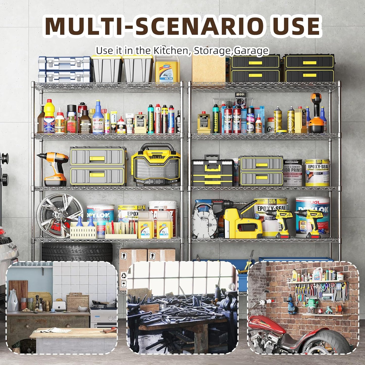 5-Tier Metal Storage Shelving Unit, Adjustable Storage Rack Display Shelves, Industrial Steel Wire Shelf on Wheels, Commercial and Home Use, 48”W x 24”D x 72”H, 1500 LBS Capacity