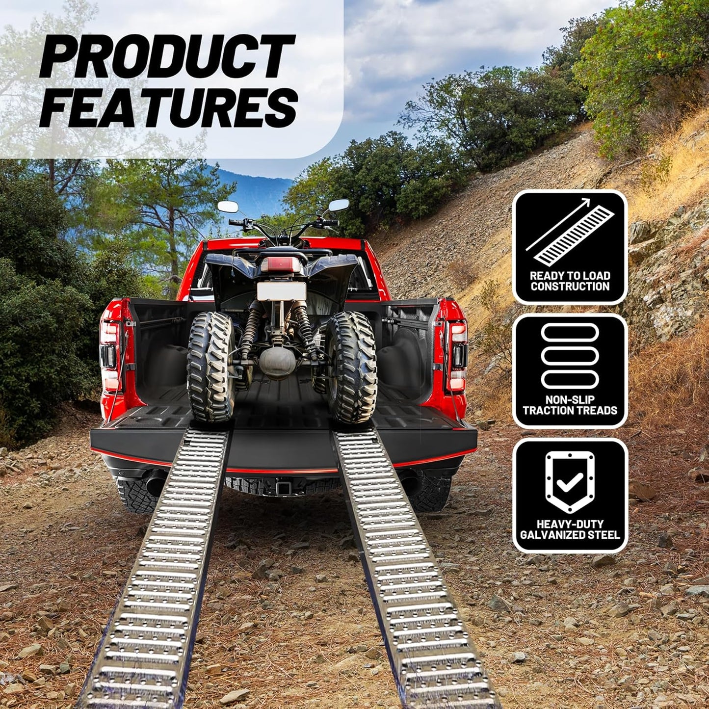 Rockland 72" x 9" Steel Truck Ramps, 1000 LBS Capacity, Portable Trailer Ramps for Motorcycles, Ebikes, Dirtbikes and ATVs, Heavy Duty Loading Ramps Ideal for Trailer Pickup Truck, 2 Pcs