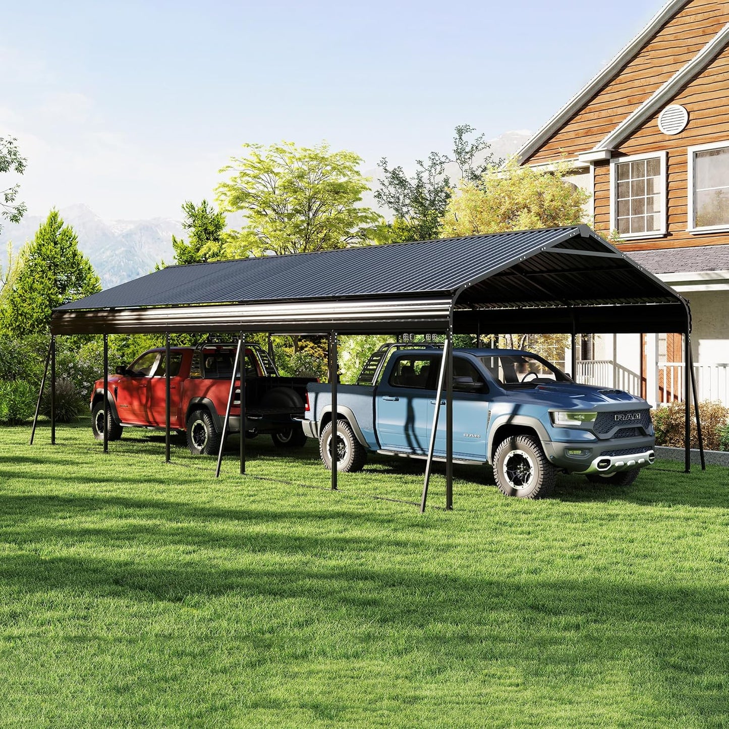 13x26.5 FT Metal Carport, Heavy Duty Car Port Canopy with Galvanized Steel Roof & Frame, Oversized Metal Carport Kit with Hooks, Steel Car Shelter, Outdoor 2 Car Garage for Car, Boat, Truck, Dark Gray